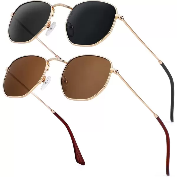 KALIYADI Sunglasses for Women and Men Polarized Square UV Protection Trendy Metal Frame Hexagon SunglassesA6 2 Pack GoldGrey  GoldBrown Hexagonal