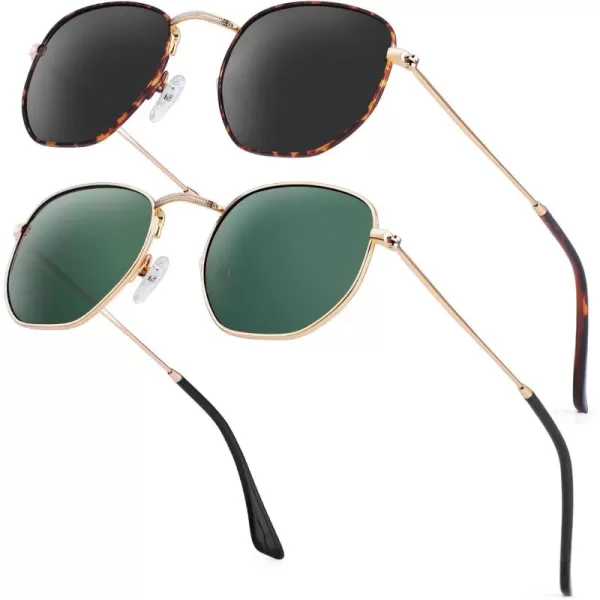 KALIYADI Sunglasses for Women and Men Polarized Square UV Protection Trendy Metal Frame Hexagon SunglassesA8 2 Pack LeopardGrey  GoldG15 Hexagonal