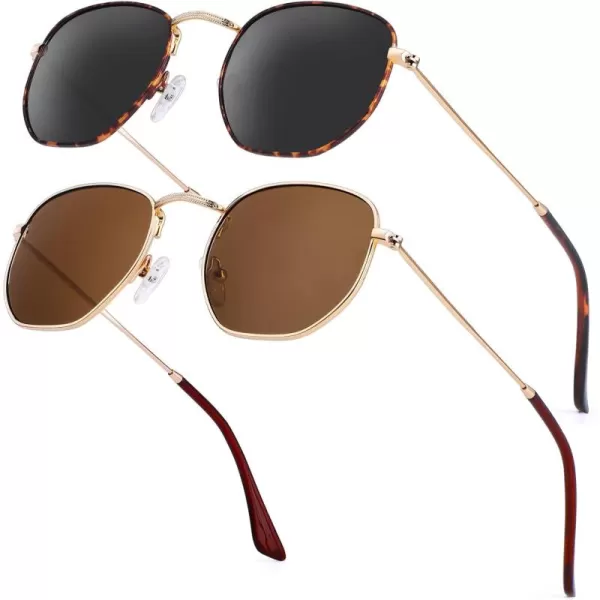KALIYADI Sunglasses for Women and Men Polarized Square UV Protection Trendy Metal Frame Hexagon SunglassesA9 2 Pack LeopardGrey  GoldBrown