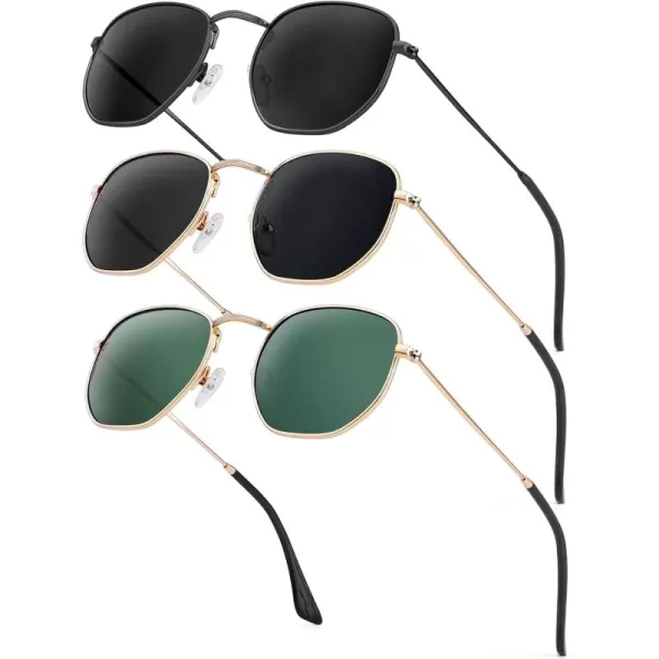 KALIYADI Sunglasses for Women and Men Polarized Square UV Protection Trendy Metal Frame Hexagon SunglassesAa1 3 Pack BlackGrey  GoldGrey  GoldG15 Hexagonal