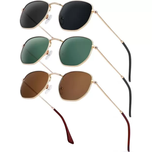 KALIYADI Sunglasses for Women and Men Polarized Square UV Protection Trendy Metal Frame Hexagon SunglassesAa3 3 Pack GoldGrey  GoldG15  GoldBrown Hexagonal