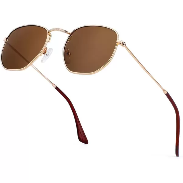 KALIYADI Sunglasses for Women and Men Polarized Square UV Protection Trendy Metal Frame Hexagon SunglassesB5 GoldBrown Hexagonal