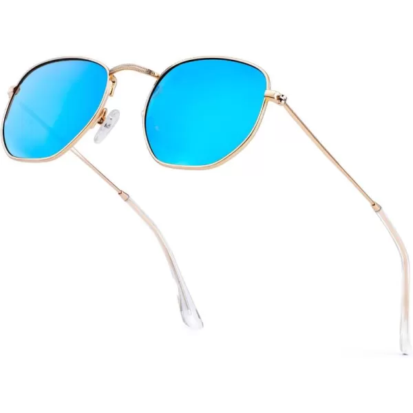 KALIYADI Sunglasses for Women and Men Polarized Square UV Protection Trendy Metal Frame Hexagon SunglassesB6 GoldBlue Hexagonal