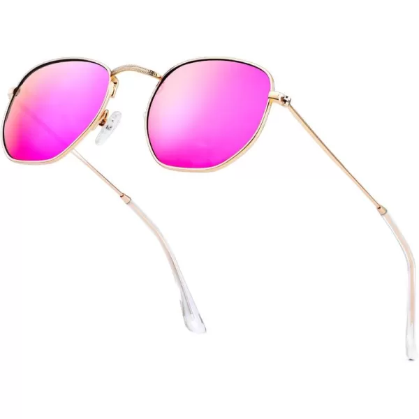 KALIYADI Sunglasses for Women and Men Polarized Square UV Protection Trendy Metal Frame Hexagon SunglassesB7 GoldPink Hexagonal
