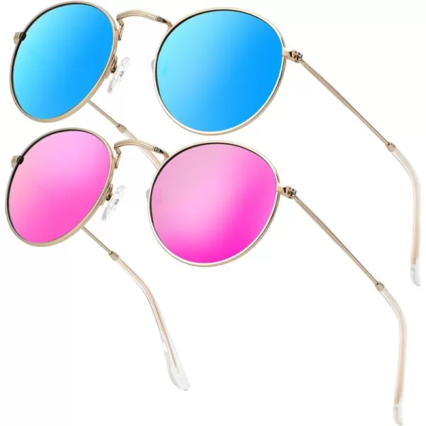 KALIYADI Sunglasses for Women and Men Polarized Square UV Protection Trendy Metal Frame Hexagon SunglassesC10 2 Pack 19 GoldBlue  GoldPink Round