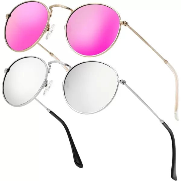 KALIYADI Sunglasses for Women and Men Polarized Square UV Protection Trendy Metal Frame Hexagon SunglassesC11 2 Pack 20 GoldPink  SilverSilver Round