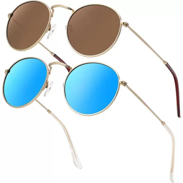 KALIYADI Sunglasses for Women and Men Polarized Square UV Protection Trendy Metal Frame Hexagon SunglassesC9 2 Pack GoldBrown  GoldBlue Round
