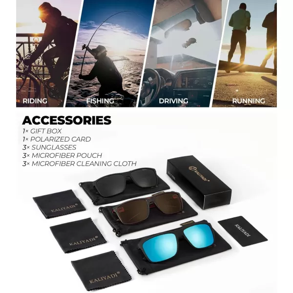 KALIYADI Polarized Sunglasses for Men and Women Mens Sun Glasses with UV Protection for Driving Fishing Golf 3 Packs3 Pack BlackBrownIce Blue