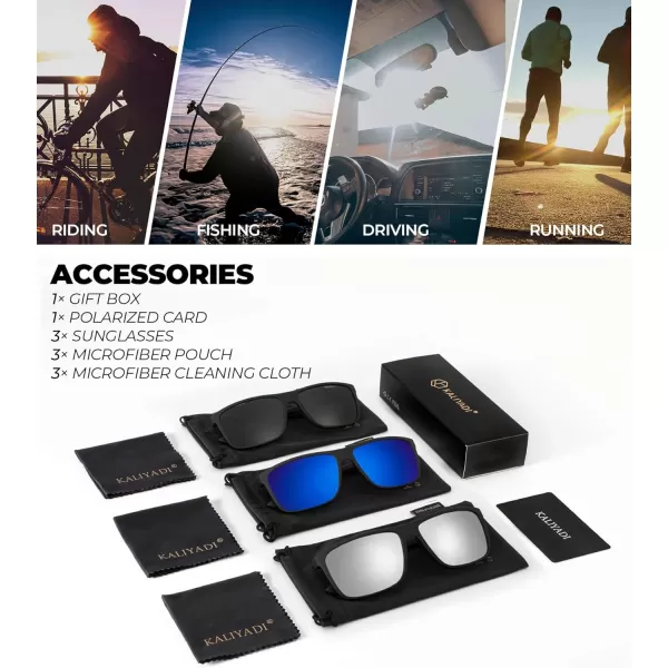 KALIYADI Polarized Sunglasses for Men and Women Mens Sun Glasses with UV Protection for Driving Fishing Golf 3 Packs3 Pack BlackDark BlueSilver