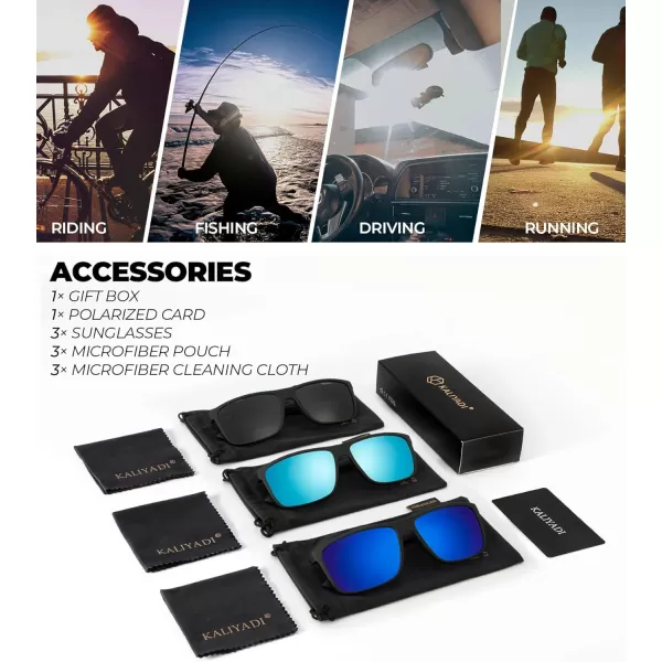 KALIYADI Polarized Sunglasses for Men and Women Mens Sun Glasses with UV Protection for Driving Fishing Golf 3 Packs3 Pack BlackIce BlueDark Blue