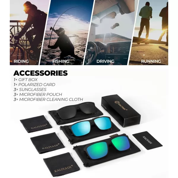KALIYADI Polarized Sunglasses for Men and Women Mens Sun Glasses with UV Protection for Driving Fishing Golf 3 Packs3 Pack BlackIce BlueGreen