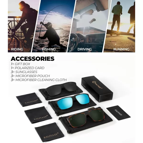 KALIYADI Polarized Sunglasses for Men and Women Mens Sun Glasses with UV Protection for Driving Fishing Golf 3 Packs3 Pack BlackIce BlueLeopardg15