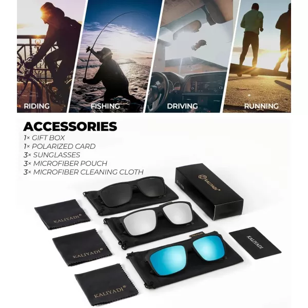 KALIYADI Polarized Sunglasses for Men and Women Mens Sun Glasses with UV Protection for Driving Fishing Golf 3 Packs3 Pack BlackIce BlueSilver