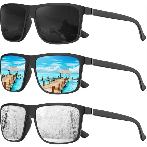 KALIYADI Polarized Sunglasses for Men and Women Mens Sun Glasses with UV Protection for Driving Fishing Golf 3 Packs3 Pack BlackIce BlueSilver