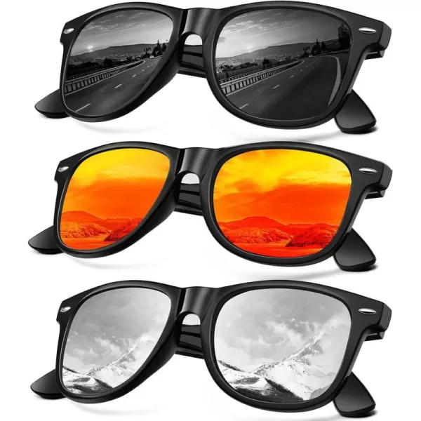KALIYADI Sunglasses Men Polarized for Mens and Womens Unisex Sun Glasses for Driving UV ProtectionB033 Pack Glossy Black Frame Black  Orange  Silver Lens