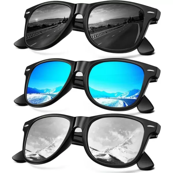 KALIYADI Sunglasses Men Polarized for Mens and Womens Unisex Sun Glasses for Driving UV ProtectionB043 Pack Glossy Black Frame Black  Blue  Silver Lens
