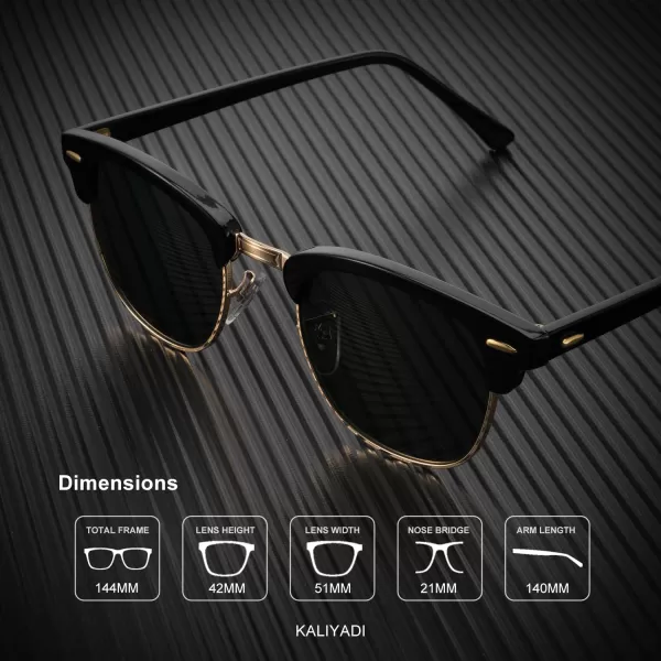 KALIYADI Polarized Sunglasses for Men and Women SemiRimless Frame Driving Sun glasses UV BlockingE1glass Lens  Non Polarized Glossy Black  Black  Gold Rim