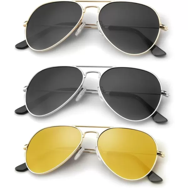 KALIYADI Classic Aviator Sunglasses for Men Women Driving Sun glasses Polarized Lens UV BlockingF 3 Pack Golden BlackSilvery BlackNight Vision