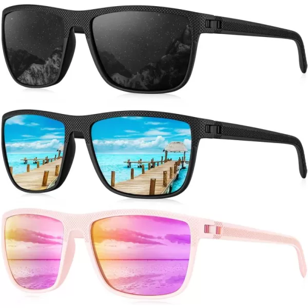 KALIYADI Polarized Sunglasses for Men Lightweight Sun Glasses with UV Protection for Driving Fishing Golf3 Pack BlackIce BluePink
