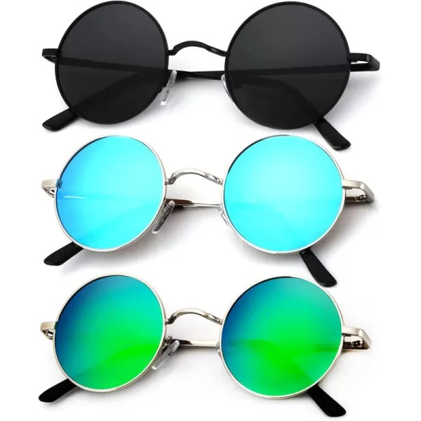 KALIYADI Round Polarized Sunglasses for Men Women Retro Metal Hippie Circle Style Sun Glasses UV ProtectionC28black  Silvery Frame Blue Lens  Silvery Frame Green Lens