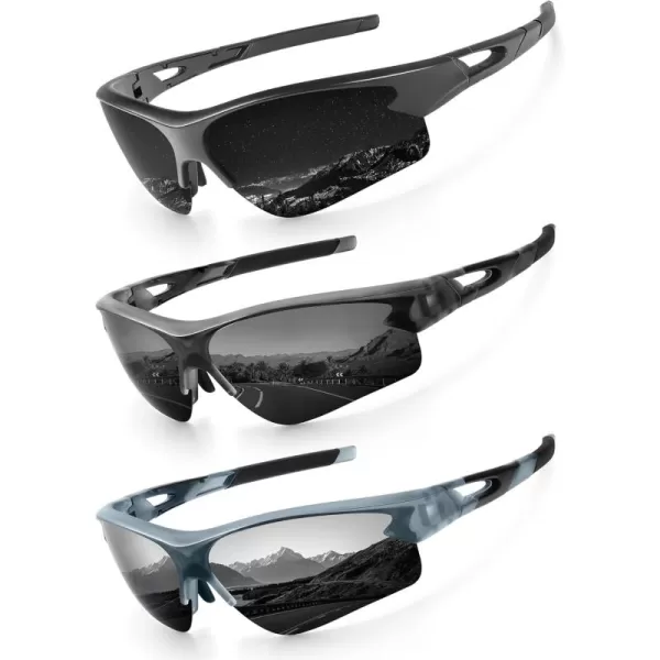 KALIYADI Sports Sunglasses for Men Polarized Sun Glasses for Men Women Youth Baseball Softball with UV Protection3 Packs Matt BlackMatt Transparent GreyMatt Transparent Grey Green