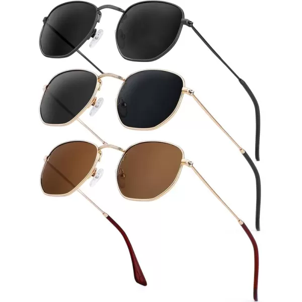 KALIYADI Sunglasses for Women and Men Polarized Square UV Protection Trendy Metal Frame Hexagon SunglassesAa2 3 Pack BlackGrey  GoldGrey  GoldBrown Hexagonal