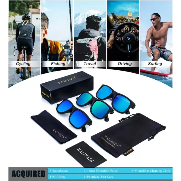 imageKALIYADI Sunglasses Men Polarized Sun glasses for Mens Womens Classic Matte Black Frame UV Protection 3pack3 Pack Ice BlueGreenDrak Blue