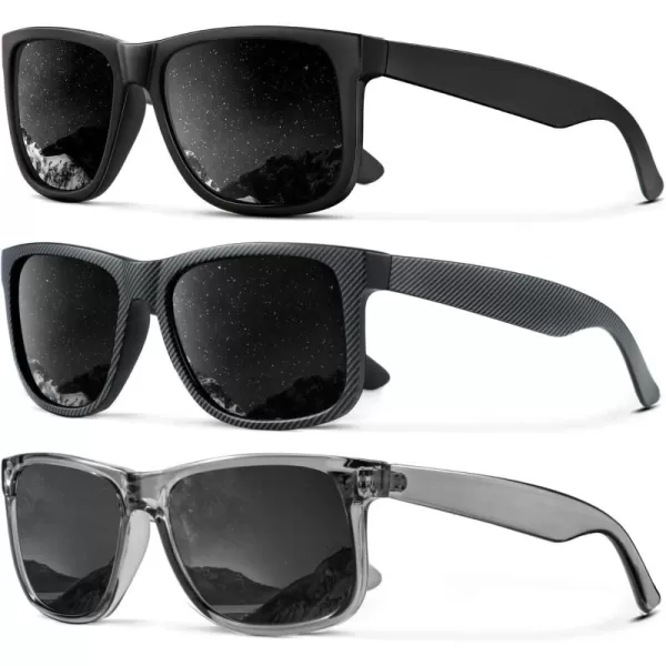imageKALIYADI Sunglasses Men Polarized Sun glasses for Mens Womens Classic Matte Black Frame UV Protection 3pack3 Pack BlackCrystal GreyStripes Frame  Black