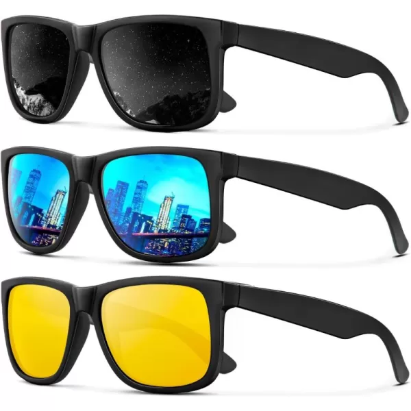 imageKALIYADI Sunglasses Men Polarized Sun glasses for Mens Womens Classic Matte Black Frame UV Protection 3pack3 Pack BlackIce BlueNight Vision