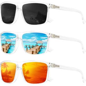 imageKALIYADI Polarized Sunglasses for Men and Women Mens Sun Glasses with UV Protection for Driving Fishing Golf 3 Packs3 Pack Clear FrameblackIce BlueRed