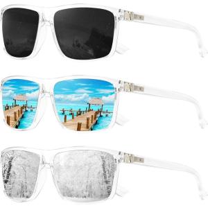 imageKALIYADI Polarized Sunglasses for Men and Women Mens Sun Glasses with UV Protection for Driving Fishing Golf 3 Packs3 Pack Clear FrameblackIce BlueSilver