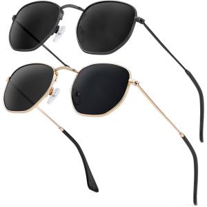 imageKALIYADI Sunglasses for Women and Men Polarized Square UV Protection Trendy Metal Frame Hexagon SunglassesB1 2 Pack BlackGrey  GoldGrey Hexagonal