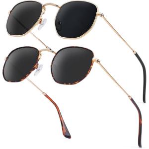 imageKALIYADI Sunglasses for Women and Men Polarized Square UV Protection Trendy Metal Frame Hexagon SunglassesB5 2 Pack GoldGrey  LeopardGrey Hexagonal