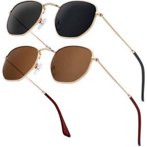 imageKALIYADI Sunglasses for Women and Men Polarized Square UV Protection Trendy Metal Frame Hexagon SunglassesB6 2 Pack GoldGrey  GoldBrown Hexagonal