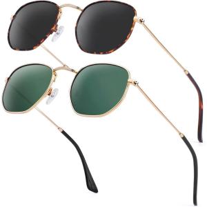 imageKALIYADI Sunglasses for Women and Men Polarized Square UV Protection Trendy Metal Frame Hexagon SunglassesB8 2 Pack LeopardGrey  GoldG15 Hexagonal
