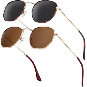 imageKALIYADI Sunglasses for Women and Men Polarized Square UV Protection Trendy Metal Frame Hexagon SunglassesB9 2 Pack LeopardGrey  GoldBrown