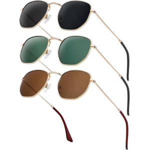 imageKALIYADI Sunglasses for Women and Men Polarized Square UV Protection Trendy Metal Frame Hexagon SunglassesC3 3 Pack GoldGrey  GoldG15  GoldBrown Hexagonal