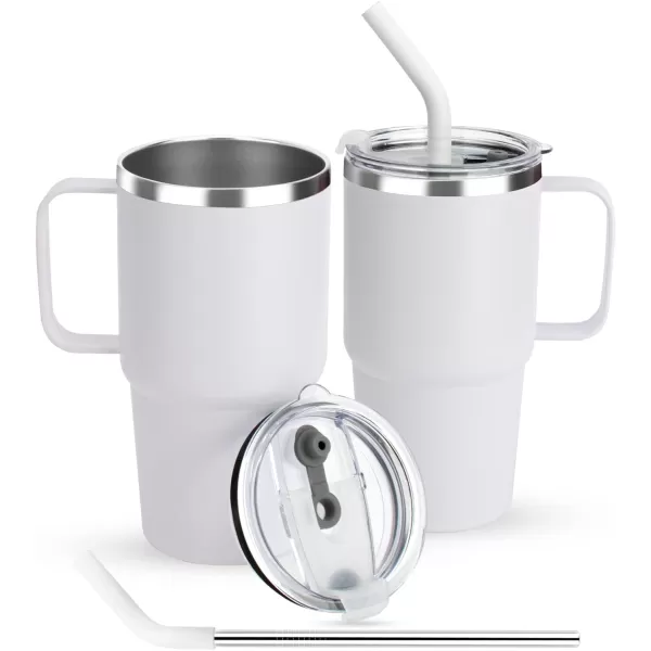 Sursip 24 oz Insulated Cup with Handle Double Wall Vacuum Stainless Steel Tumbler with Straw and 2 Lids For ColdHot Drinks Coffee Travel Mug for CarHomeOfficePartyCamping White2 PackWhite