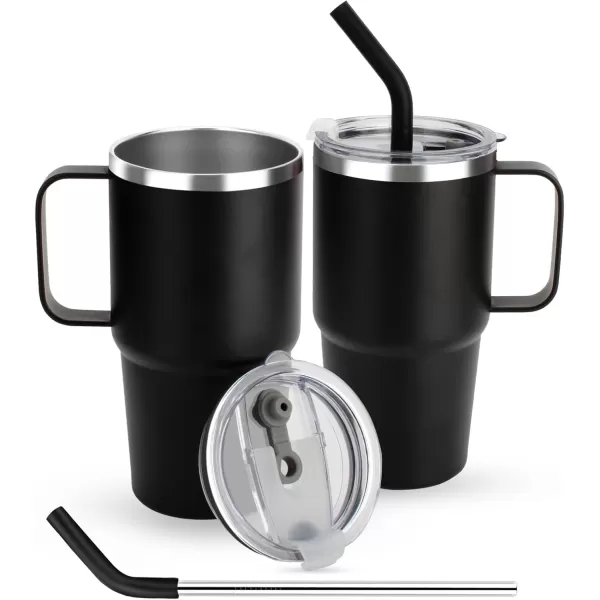 Sursip 24 oz Insulated Cup with Handle Double Wall Vacuum Stainless Steel Tumbler with Straw and 2 Lids For ColdHot Drinks Coffee Travel Mug for CarHomeOfficePartyCamping White2 PackBlack