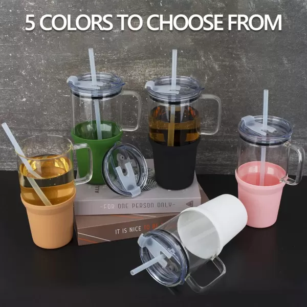 Sursip 32 oz Glass Tumbler with Handle Glass Water Bottles with Lid and Straw Reusable Iced Coffee Cup with Silicone Sleeve  Fits in Car Holder BPA Free Leak Proof Dishwasher Safe KhakiWhite