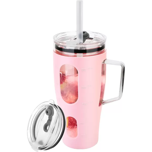 Sursip 32 oz Glass Tumbler with Handle Glass Water Bottles with Lid and Straw Reusable Iced Coffee Cup with Silicone Sleeve  Fits in Car Holder BPA Free Leak Proof Dishwasher Safe KhakiPink
