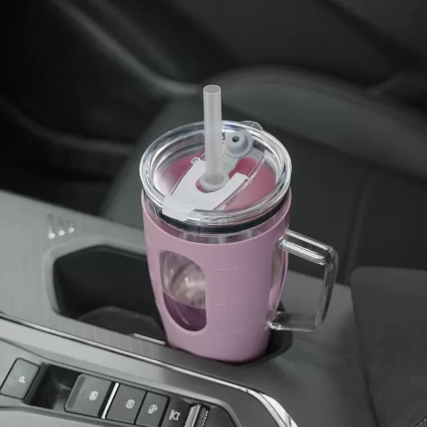 Sursip 32 oz Glass Tumbler with Handle Glass Water Bottles with Lid and Straw Reusable Iced Coffee Cup with Silicone Sleeve  Fits in Car Holder BPA Free Leak Proof Dishwasher Safe KhakiTaro Purple