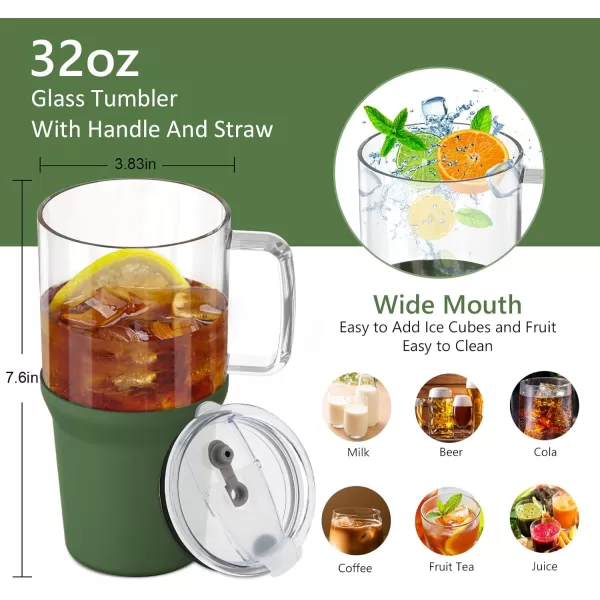 Sursip 32 oz Glass Tumbler with Handle Glass Water Bottles with Lid and Straw Reusable Iced Coffee Cup with Silicone Sleeve  Fits in Car Holder BPA Free Leak Proof Dishwasher Safe KhakiOlive Green