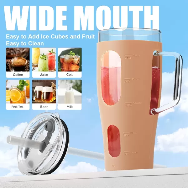Sursip 32 oz Glass Tumbler with Handle Glass Water Bottles with Lid and Straw Reusable Iced Coffee Cup with Silicone Sleeve  Fits in Car Holder BPA Free Leak Proof Dishwasher Safe KhakiWhite