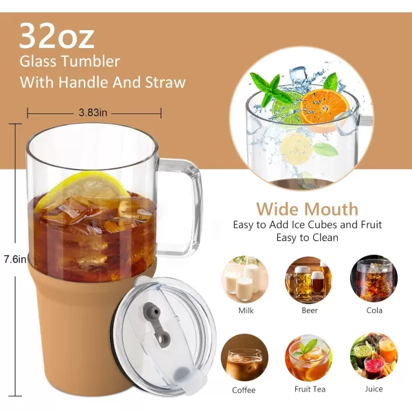 Sursip 32 oz Glass Tumbler with Handle Glass Water Bottles with Lid and Straw Reusable Iced Coffee Cup with Silicone Sleeve  Fits in Car Holder BPA Free Leak Proof Dishwasher Safe KhakiKhaki