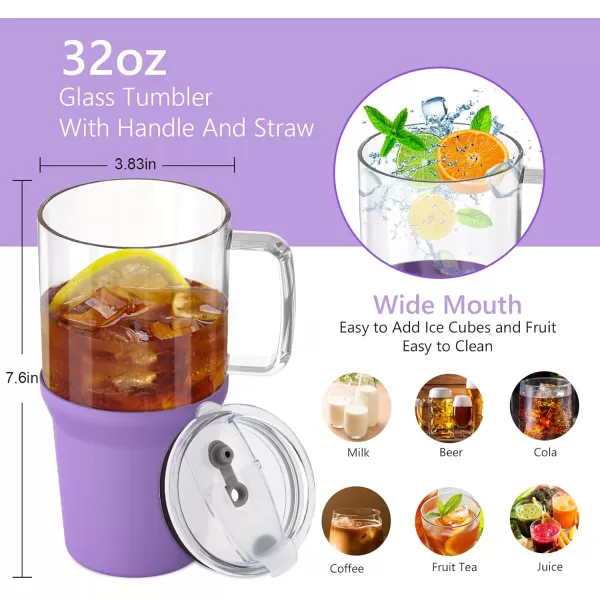 Sursip 32 oz Glass Tumbler with Handle Glass Water Bottles with Lid and Straw Reusable Iced Coffee Cup with Silicone Sleeve  Fits in Car Holder BPA Free Leak Proof Dishwasher Safe KhakiLilac