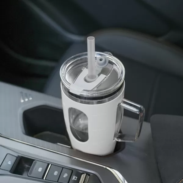 Sursip 32 oz Glass Tumbler with Handle Glass Water Bottles with Lid and Straw Reusable Iced Coffee Cup with Silicone Sleeve  Fits in Car Holder BPA Free Leak Proof Dishwasher Safe KhakiWhite