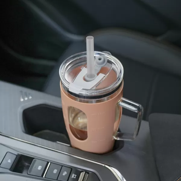 Sursip 32 oz Glass Tumbler with Handle Glass Water Bottles with Lid and Straw Reusable Iced Coffee Cup with Silicone Sleeve  Fits in Car Holder BPA Free Leak Proof Dishwasher Safe KhakiKhaki
