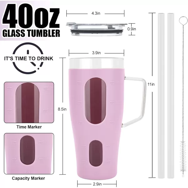 Sursip 32 oz Glass Tumbler with Handle Glass Water Bottles with Lid and Straw Reusable Iced Coffee Cup with Silicone Sleeve  Fits in Car Holder BPA Free Leak Proof Dishwasher Safe KhakiTaro Purple