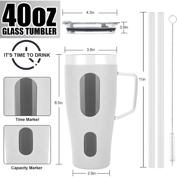 Sursip 32 oz Glass Tumbler with Handle Glass Water Bottles with Lid and Straw Reusable Iced Coffee Cup with Silicone Sleeve  Fits in Car Holder BPA Free Leak Proof Dishwasher Safe KhakiWhite